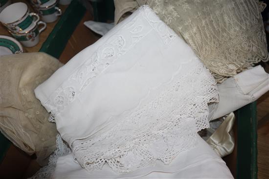 Various wide lengths of lace trimming and satin mits etc